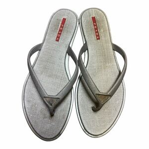 Prada Silver Metallic Textured Thong Sandals with Red Logo